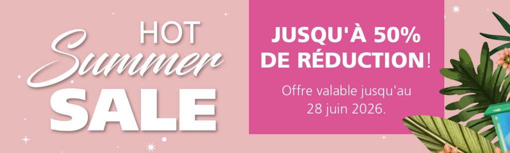 Promotional banner for a summer sale: 'Hot Summer SALE' with up to 50% off in French, tropical plants on the right.